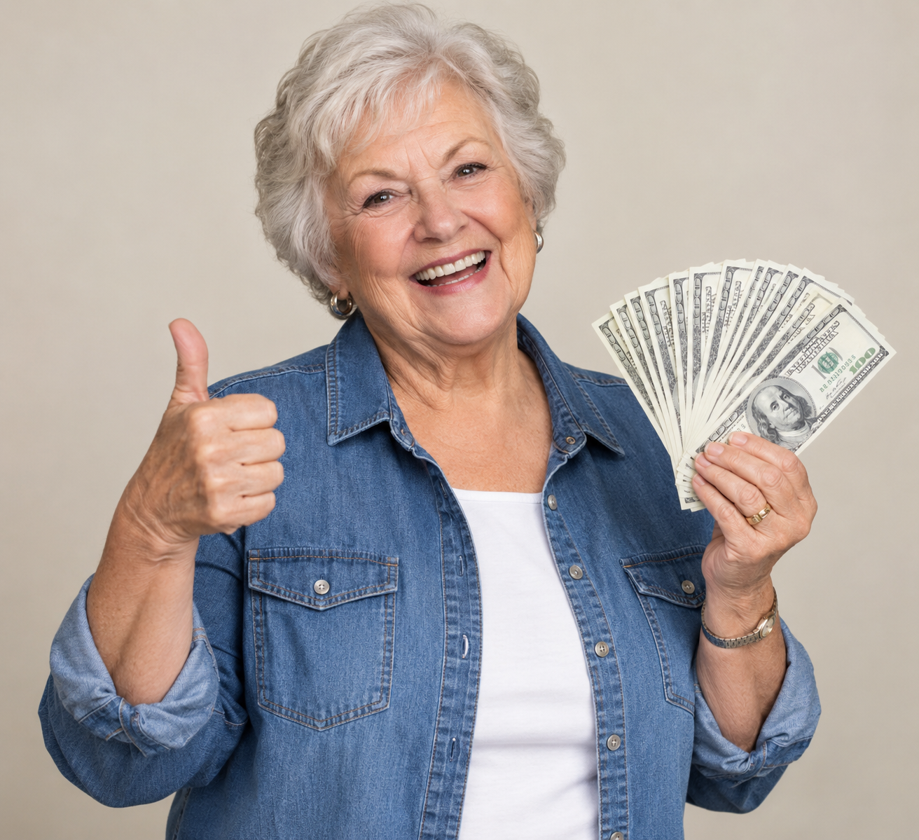 Illustration of a smiling older woman holding money and giving a thumbs up